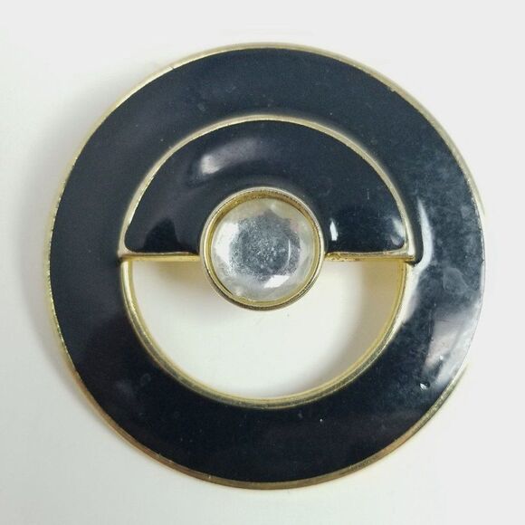 Vintage Black Enamel Round Circle Brooch, Minimal Modern Unisex Retro Design Pin - Picture 2 of 6